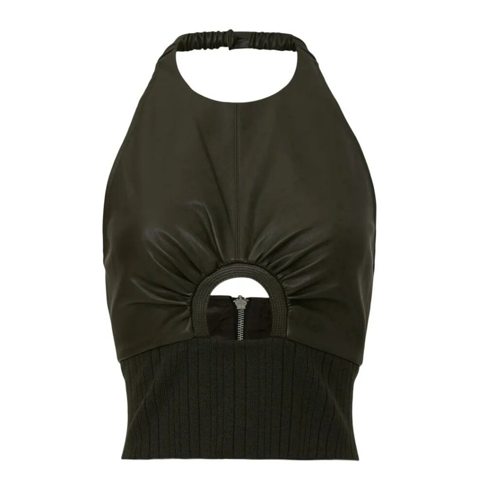 3.1 PHILLIP LIM - Green Knit-Trimmed Vegan Leather Halter Top